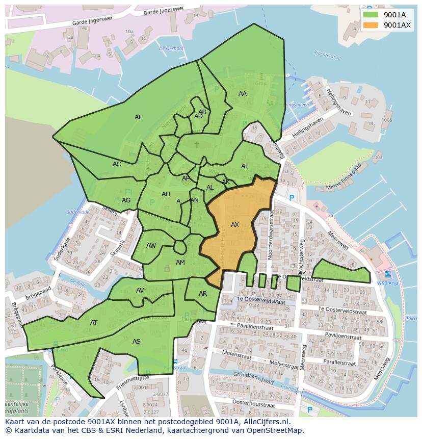 Afbeelding van het postcodegebied 9001 AX op de kaart.