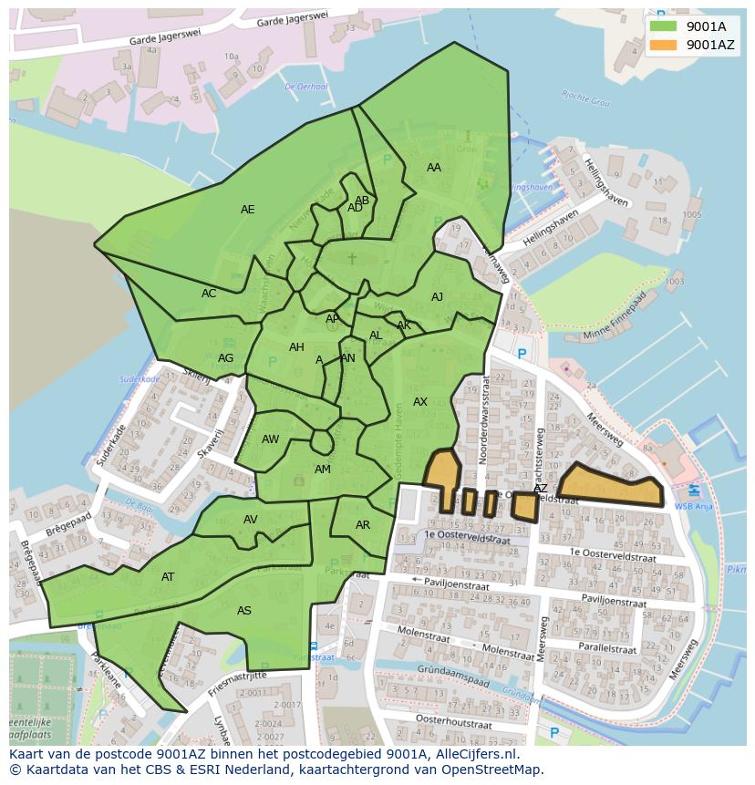 Afbeelding van het postcodegebied 9001 AZ op de kaart.