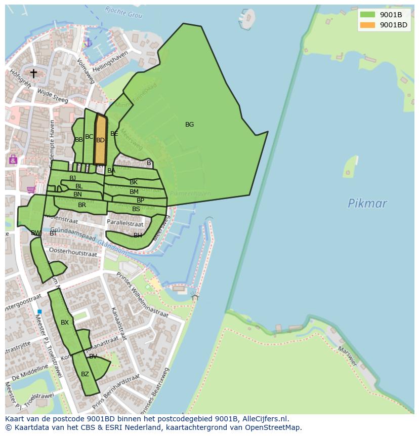 Afbeelding van het postcodegebied 9001 BD op de kaart.