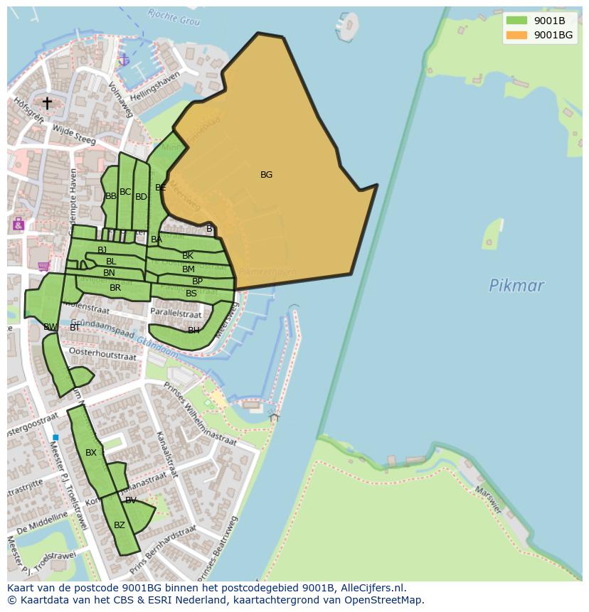 Afbeelding van het postcodegebied 9001 BG op de kaart.