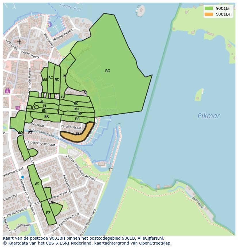 Afbeelding van het postcodegebied 9001 BH op de kaart.
