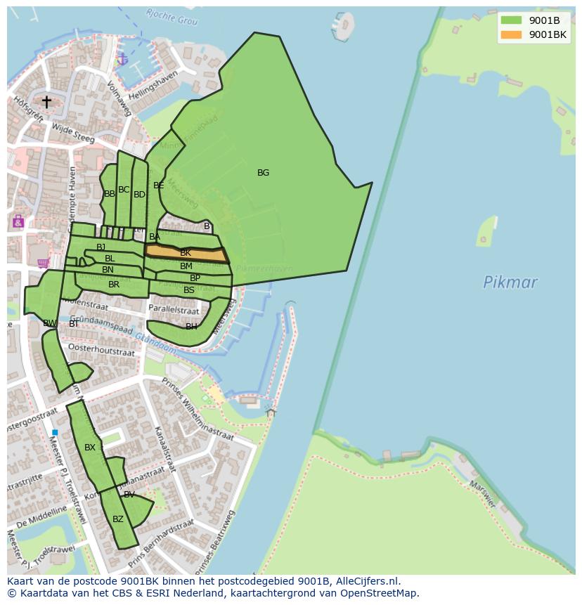 Afbeelding van het postcodegebied 9001 BK op de kaart.