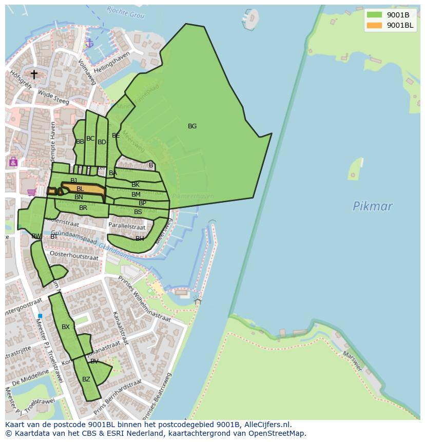 Afbeelding van het postcodegebied 9001 BL op de kaart.