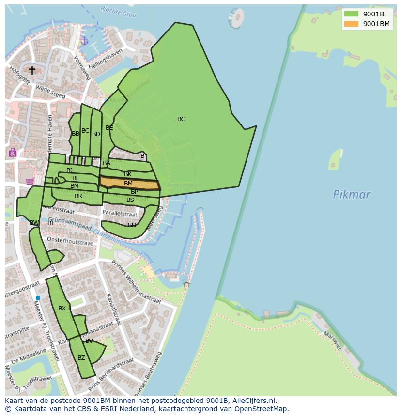Afbeelding van het postcodegebied 9001 BM op de kaart.