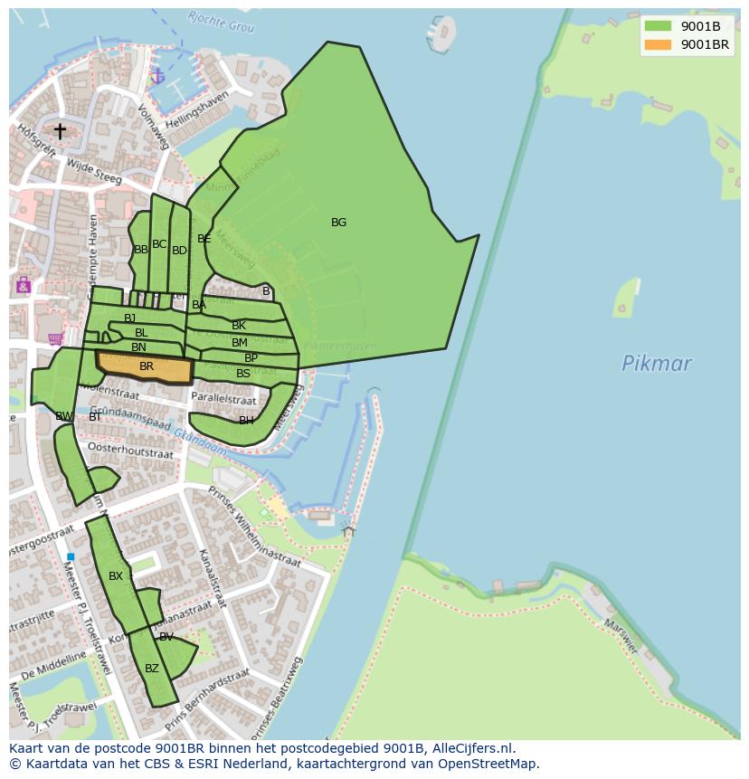 Afbeelding van het postcodegebied 9001 BR op de kaart.