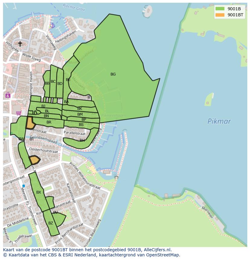 Afbeelding van het postcodegebied 9001 BT op de kaart.