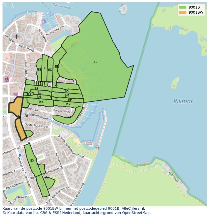 Afbeelding van het postcodegebied 9001 BW op de kaart.