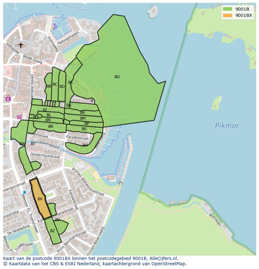 Afbeelding van het postcodegebied 9001 BX op de kaart.
