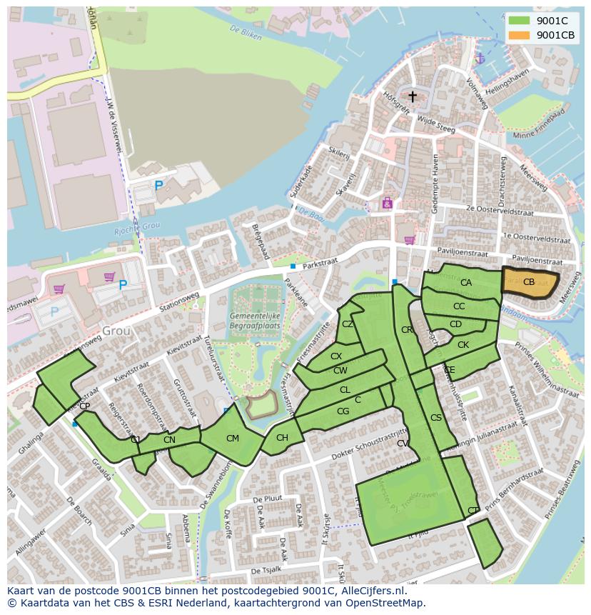 Afbeelding van het postcodegebied 9001 CB op de kaart.