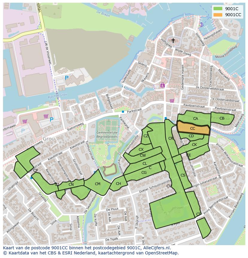 Afbeelding van het postcodegebied 9001 CC op de kaart.