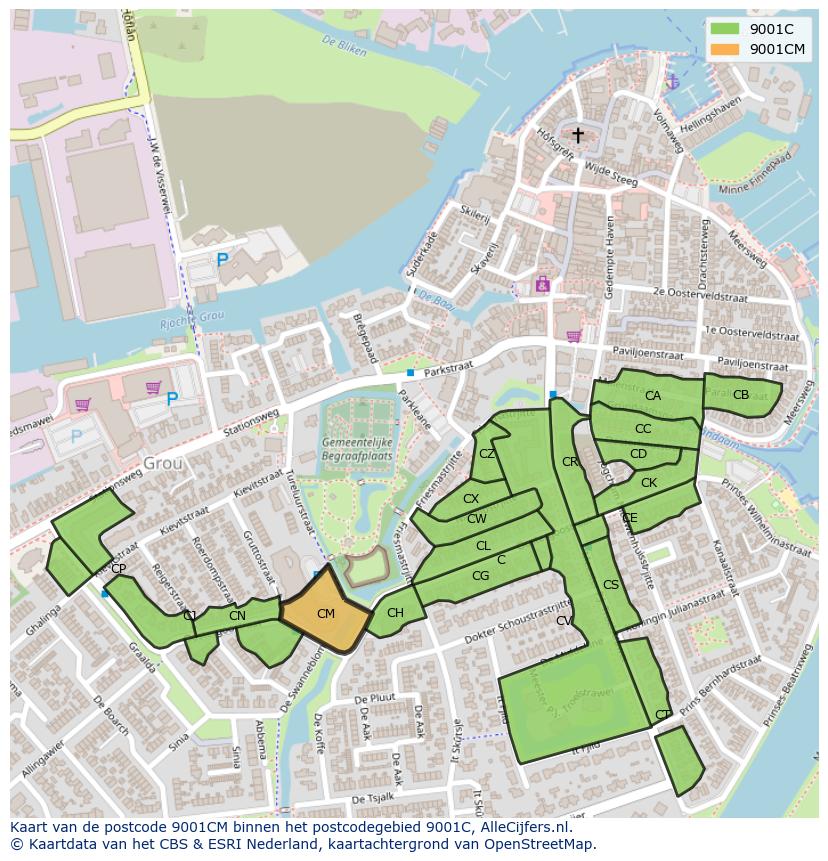 Afbeelding van het postcodegebied 9001 CM op de kaart.
