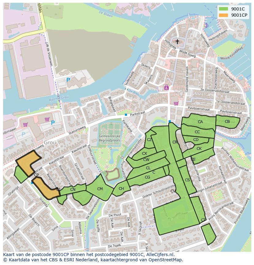 Afbeelding van het postcodegebied 9001 CP op de kaart.