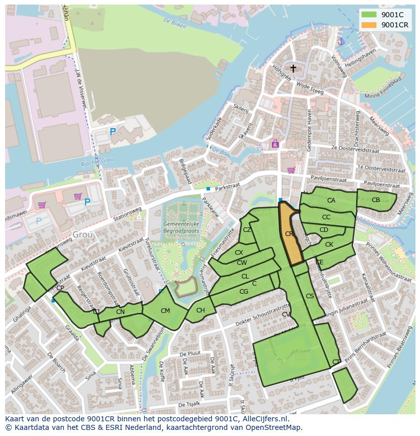 Afbeelding van het postcodegebied 9001 CR op de kaart.