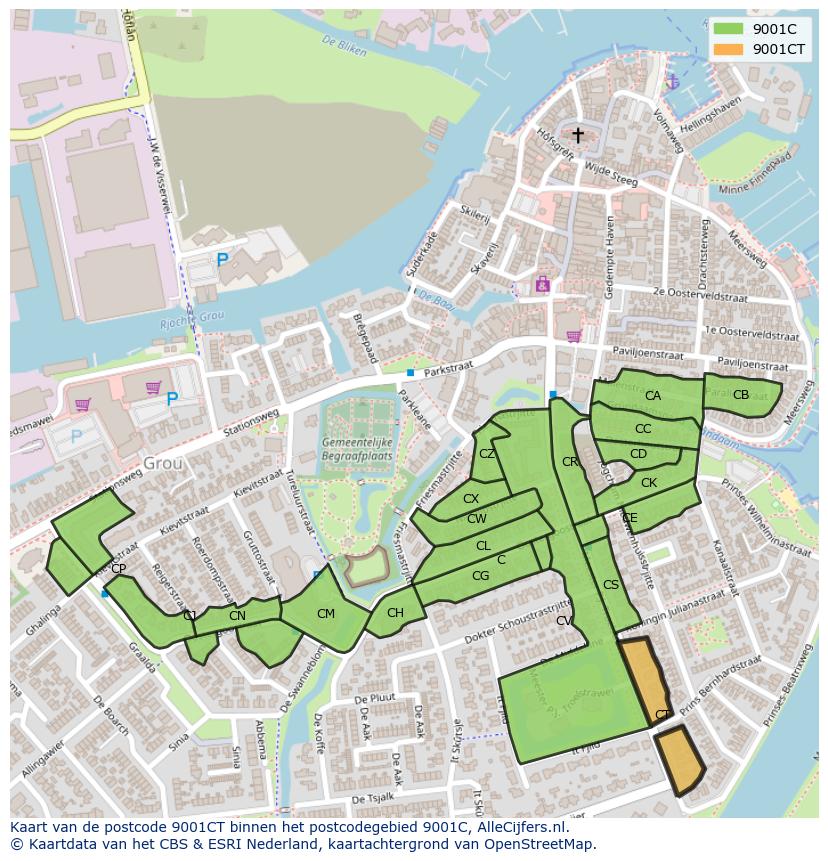 Afbeelding van het postcodegebied 9001 CT op de kaart.
