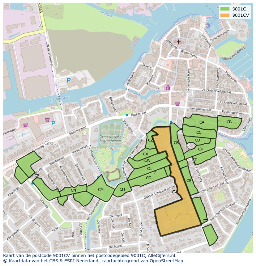 Afbeelding van het postcodegebied 9001 CV op de kaart.