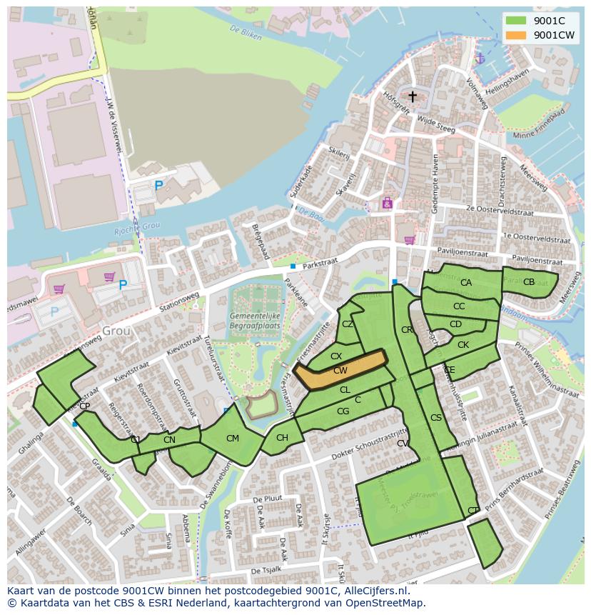 Afbeelding van het postcodegebied 9001 CW op de kaart.
