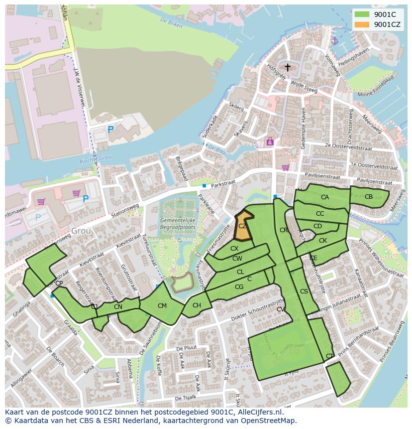 Afbeelding van het postcodegebied 9001 CZ op de kaart.