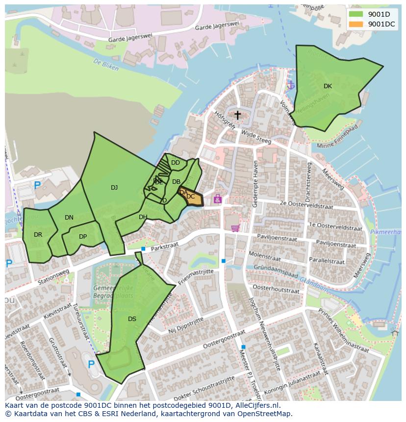 Afbeelding van het postcodegebied 9001 DC op de kaart.