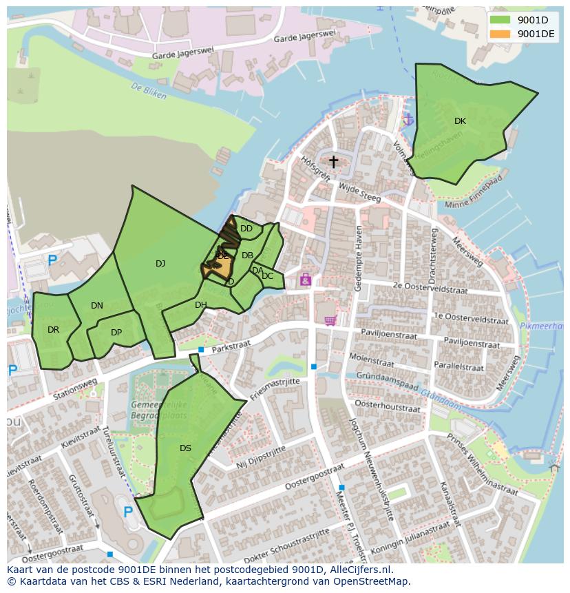 Afbeelding van het postcodegebied 9001 DE op de kaart.