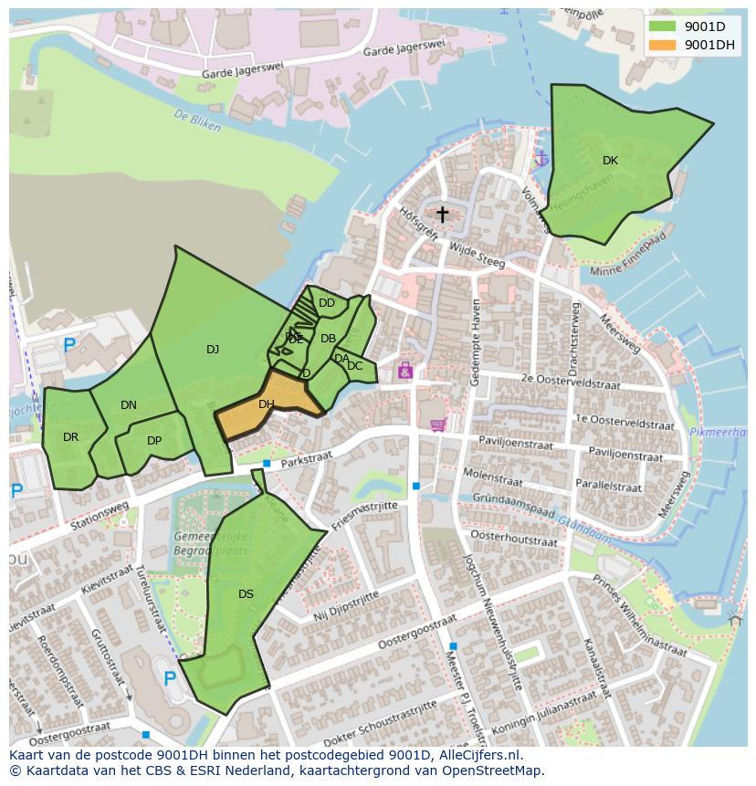 Afbeelding van het postcodegebied 9001 DH op de kaart.