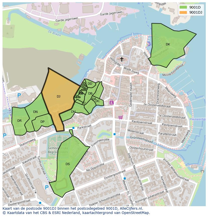Afbeelding van het postcodegebied 9001 DJ op de kaart.