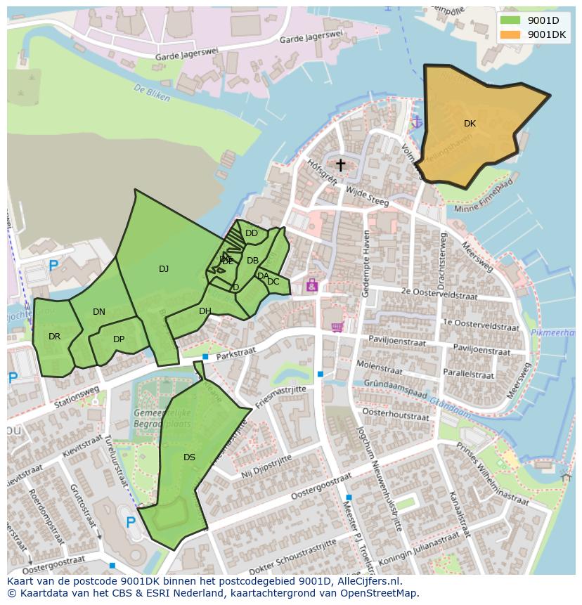 Afbeelding van het postcodegebied 9001 DK op de kaart.