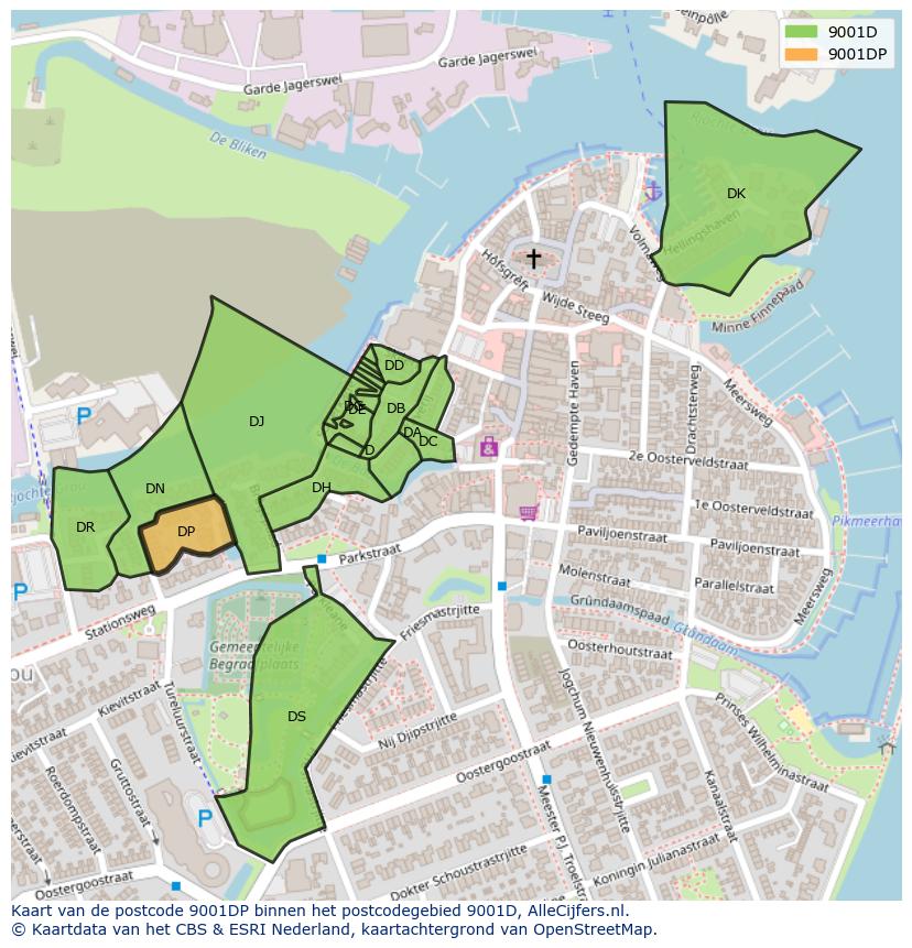 Afbeelding van het postcodegebied 9001 DP op de kaart.