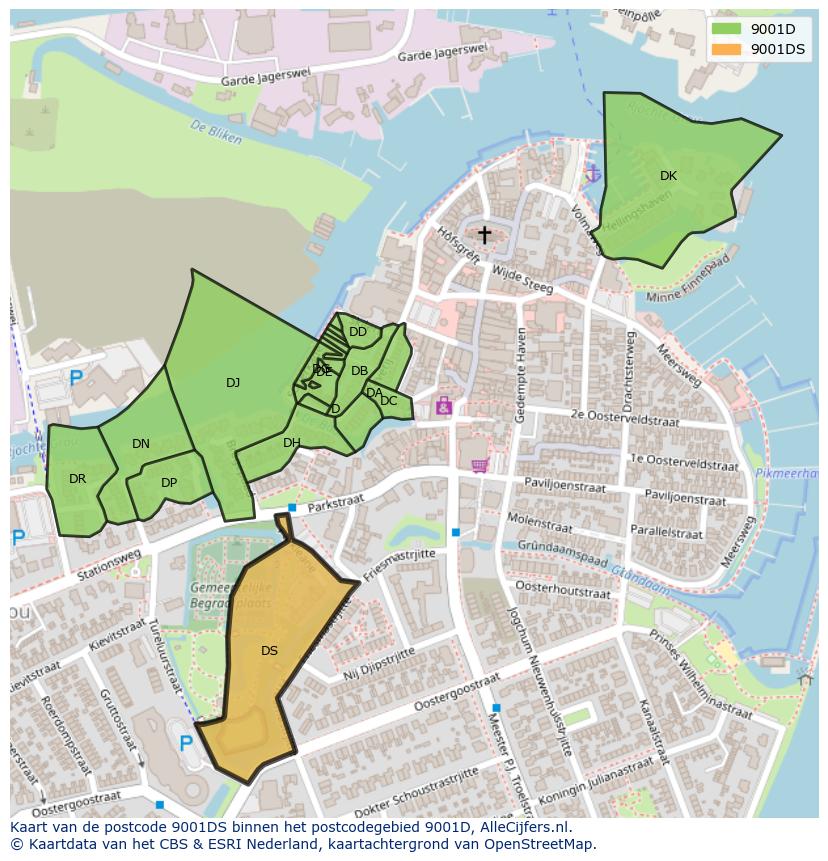 Afbeelding van het postcodegebied 9001 DS op de kaart.