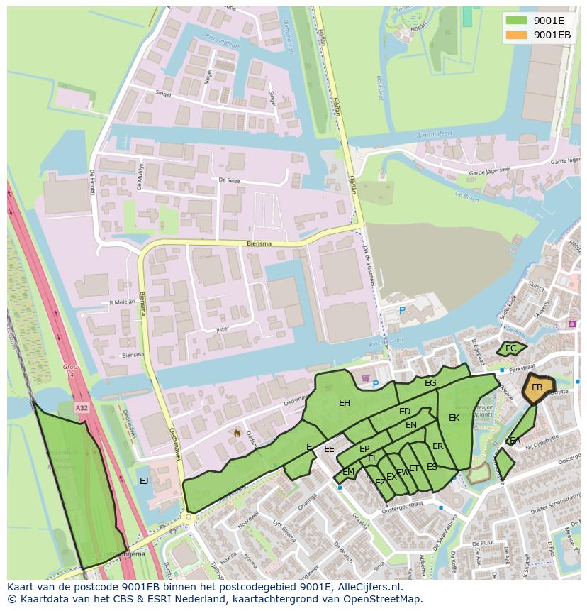 Afbeelding van het postcodegebied 9001 EB op de kaart.