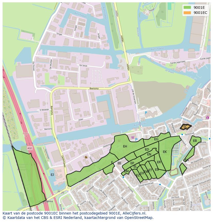Afbeelding van het postcodegebied 9001 EC op de kaart.