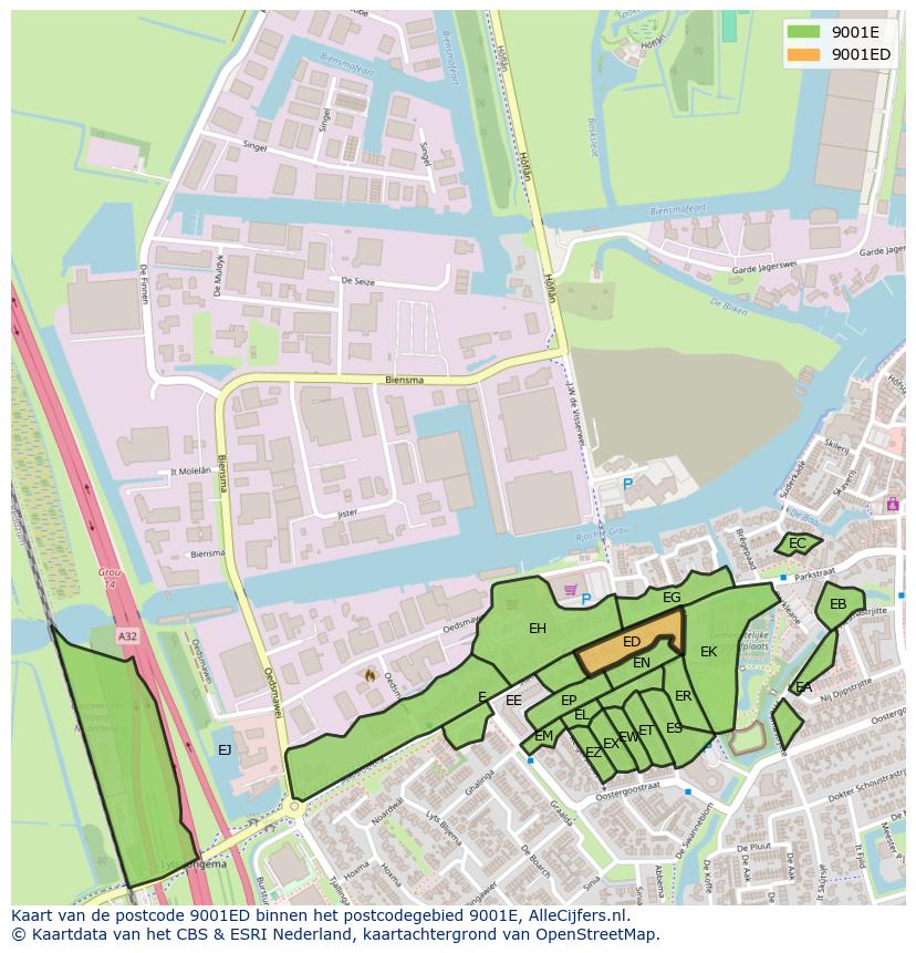 Afbeelding van het postcodegebied 9001 ED op de kaart.