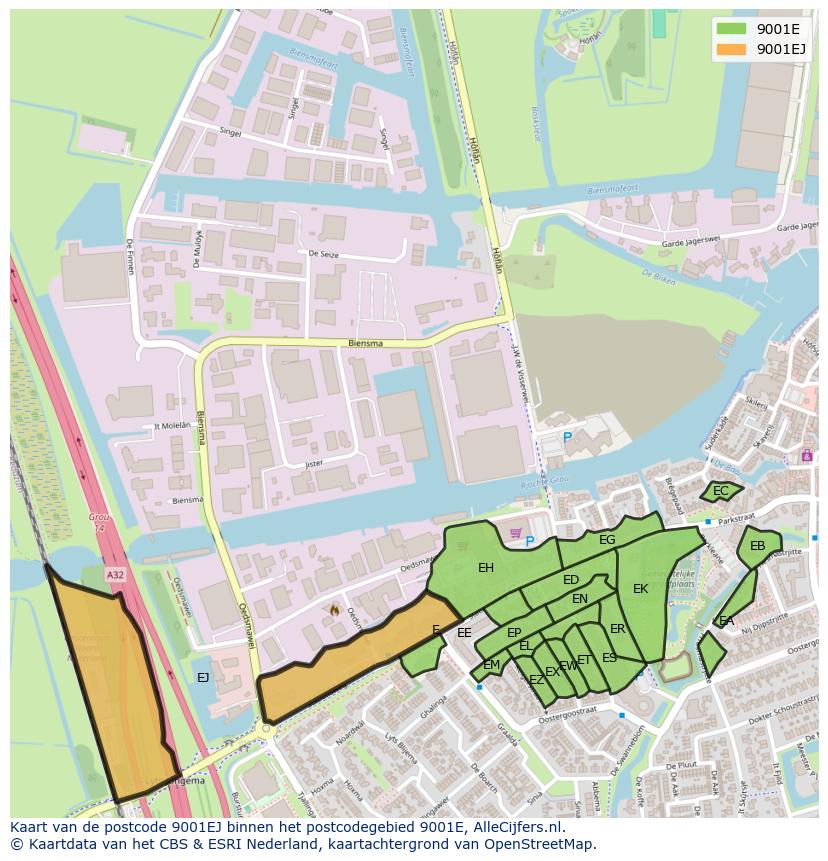 Afbeelding van het postcodegebied 9001 EJ op de kaart.