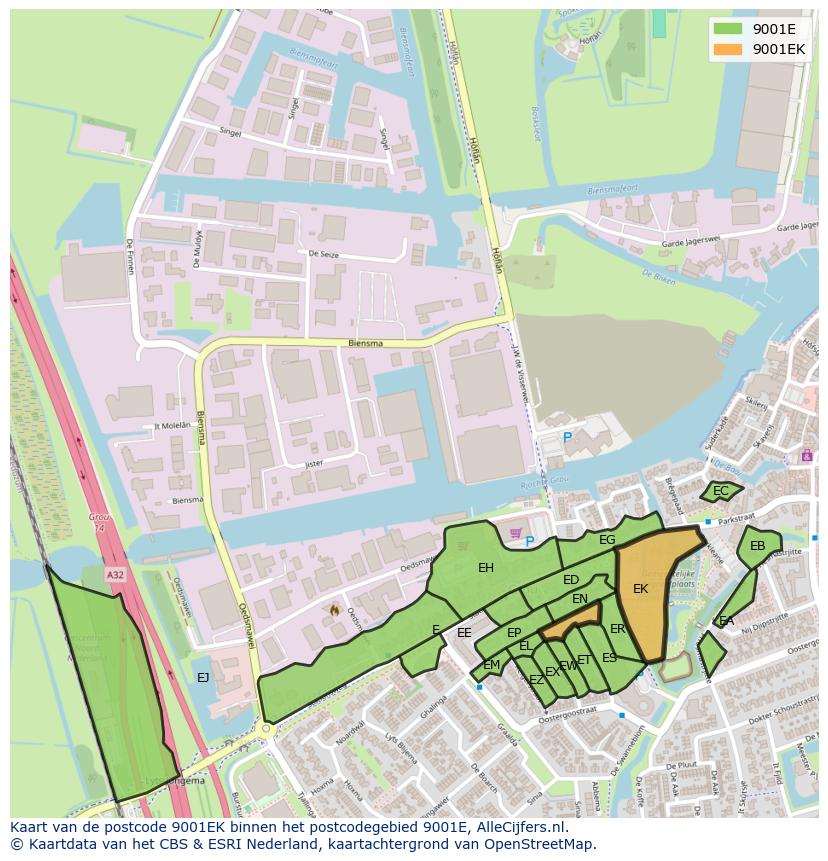 Afbeelding van het postcodegebied 9001 EK op de kaart.