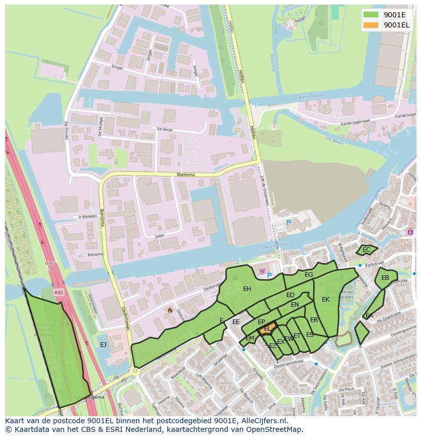 Afbeelding van het postcodegebied 9001 EL op de kaart.