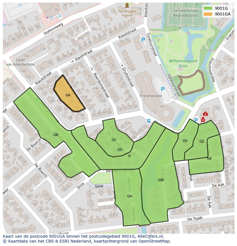 Afbeelding van het postcodegebied 9001 GA op de kaart.