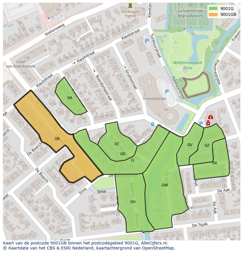 Afbeelding van het postcodegebied 9001 GB op de kaart.