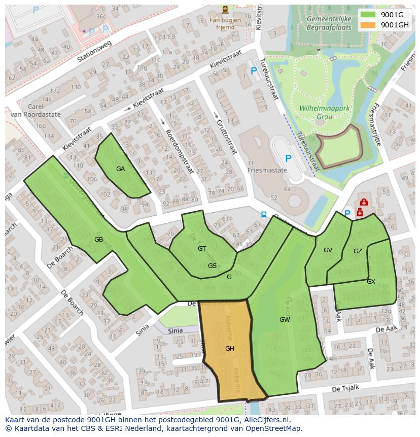 Afbeelding van het postcodegebied 9001 GH op de kaart.