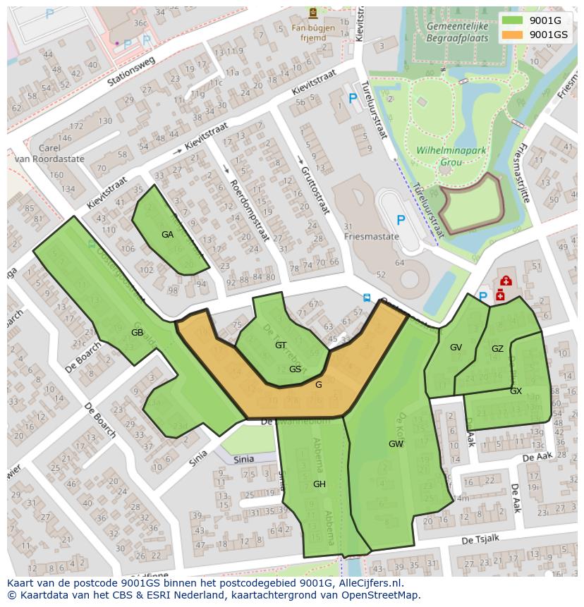 Afbeelding van het postcodegebied 9001 GS op de kaart.