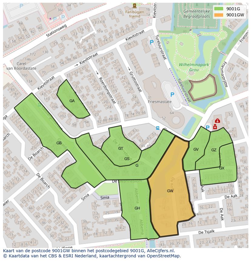 Afbeelding van het postcodegebied 9001 GW op de kaart.
