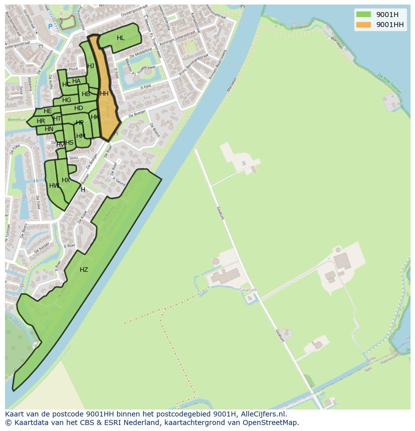 Afbeelding van het postcodegebied 9001 HH op de kaart.