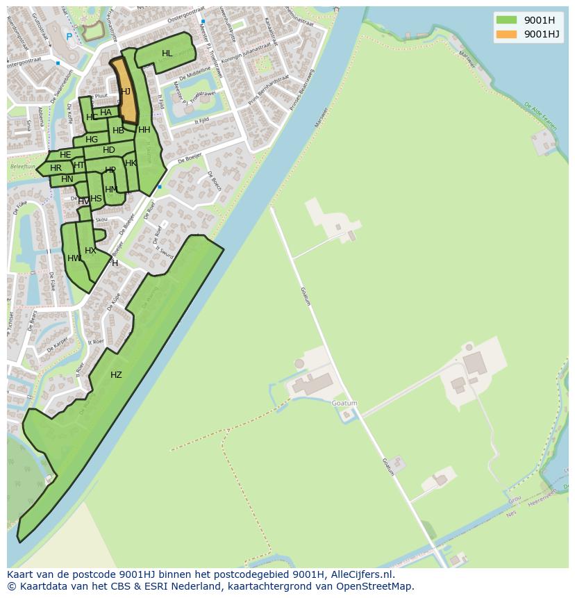Afbeelding van het postcodegebied 9001 HJ op de kaart.