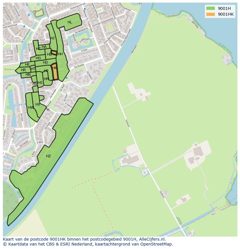 Afbeelding van het postcodegebied 9001 HK op de kaart.