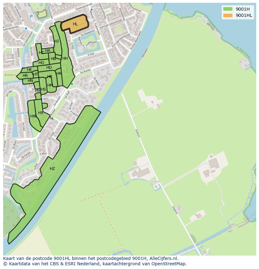 Afbeelding van het postcodegebied 9001 HL op de kaart.