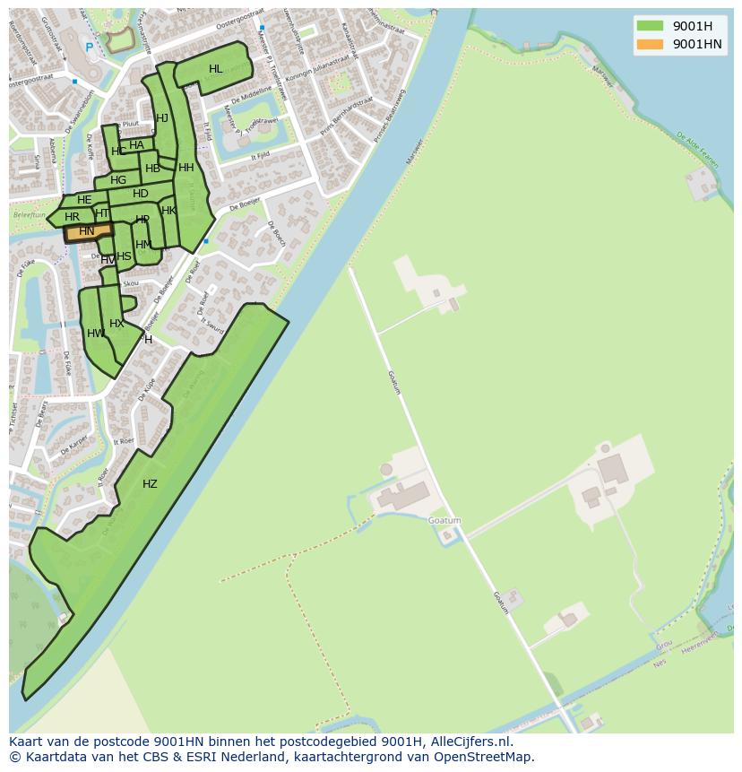 Afbeelding van het postcodegebied 9001 HN op de kaart.