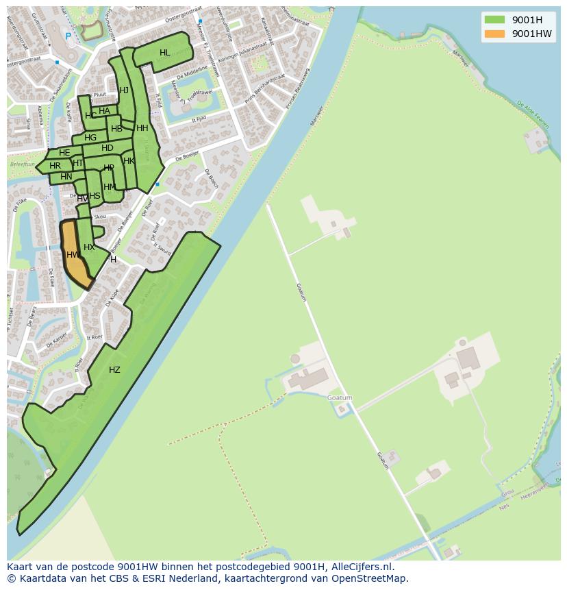 Afbeelding van het postcodegebied 9001 HW op de kaart.