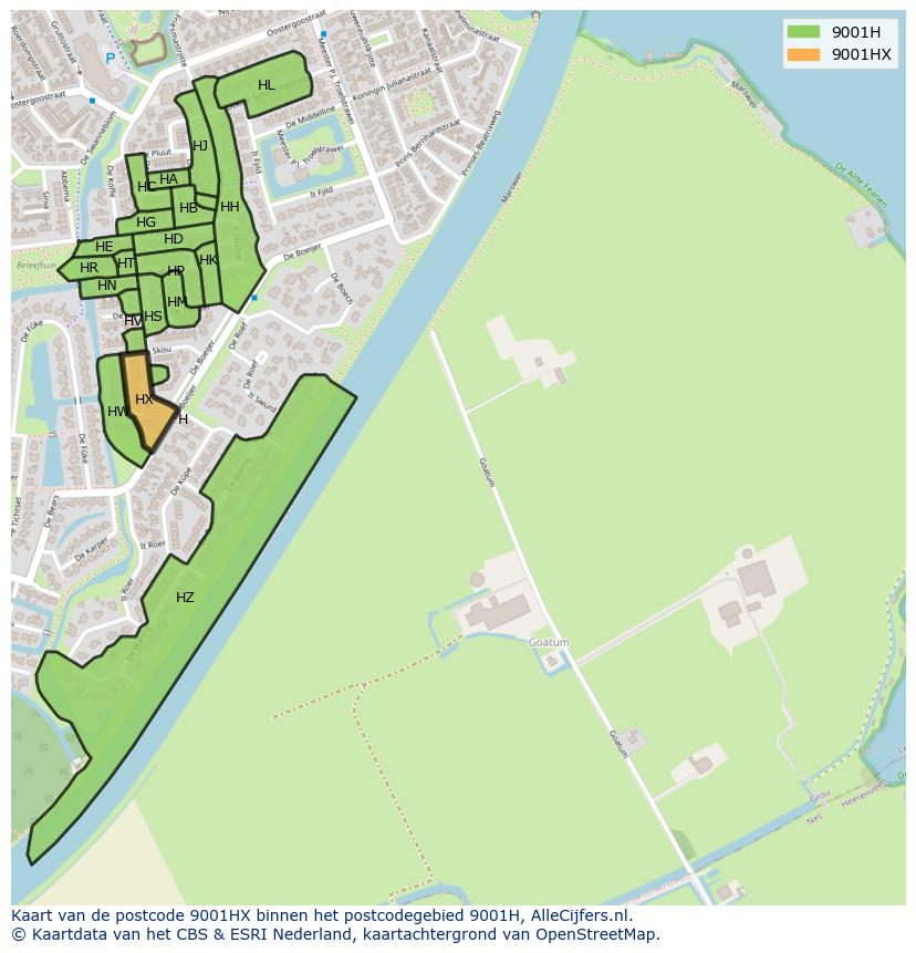 Afbeelding van het postcodegebied 9001 HX op de kaart.
