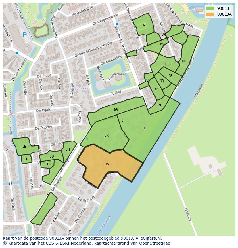Afbeelding van het postcodegebied 9001 JA op de kaart.