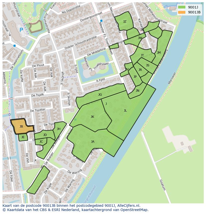 Afbeelding van het postcodegebied 9001 JB op de kaart.