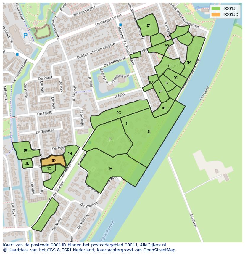 Afbeelding van het postcodegebied 9001 JD op de kaart.