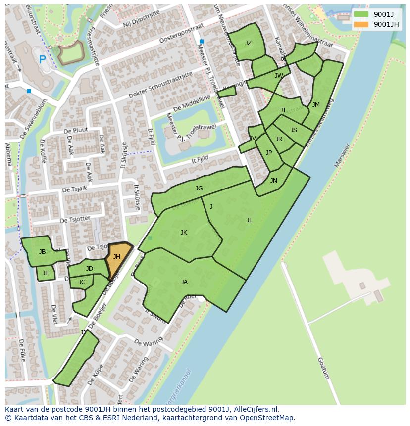 Afbeelding van het postcodegebied 9001 JH op de kaart.